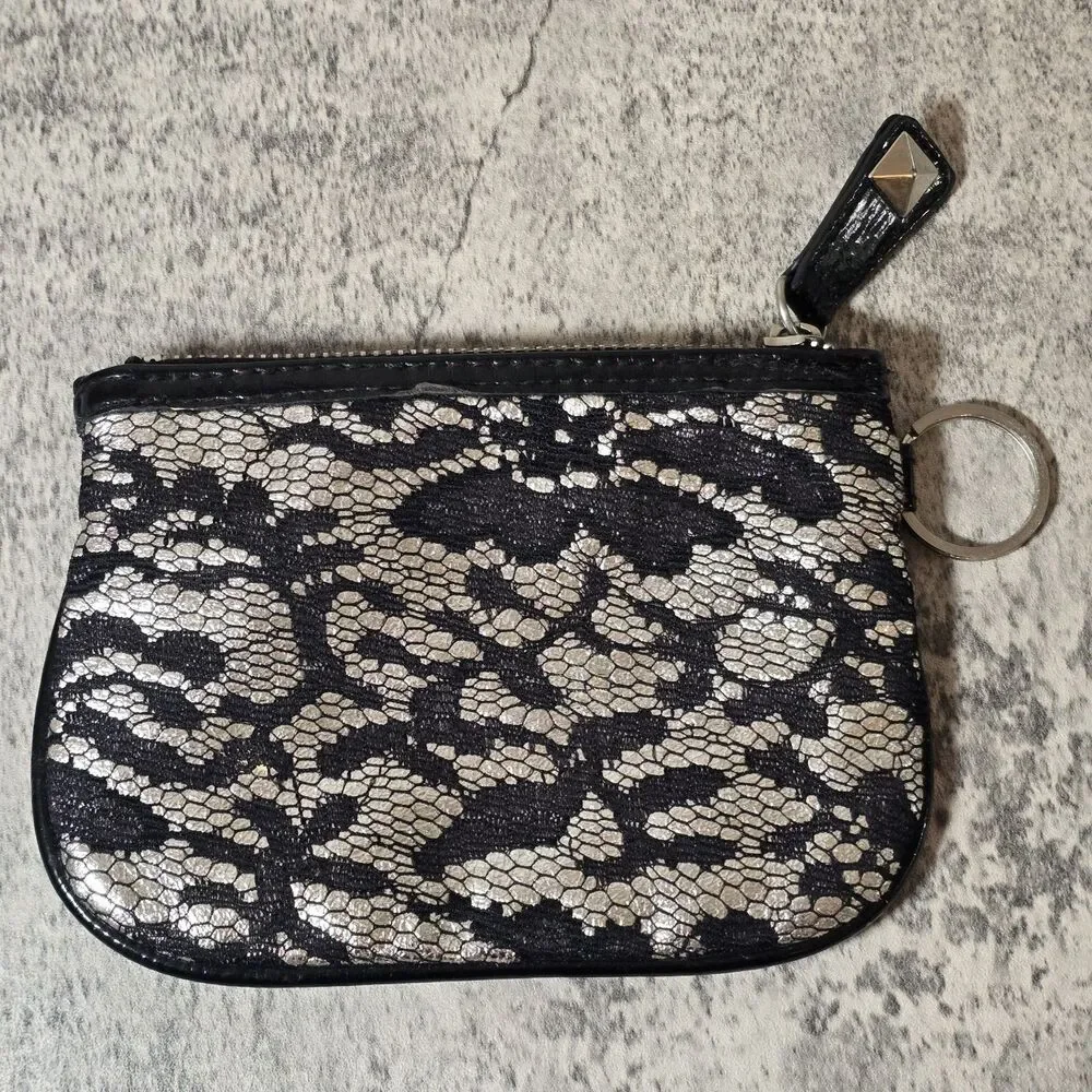 BETSEY JOHNSON White & Black Lace Stud Clutch Wristlet W/ mixed metal Hardware
